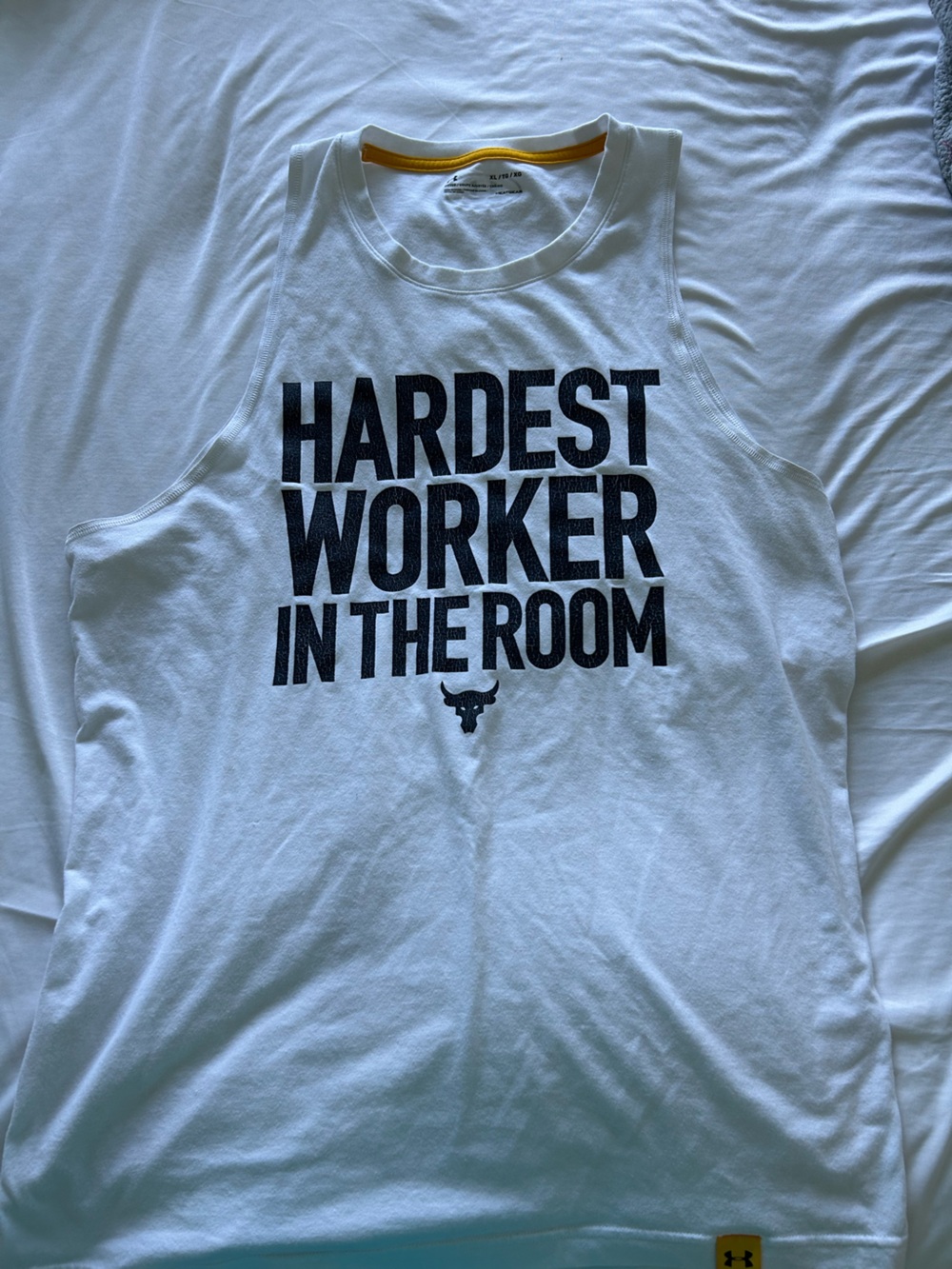 Under Armour White Tank Top with Black 'Hardest Worker in the Room' Graphic